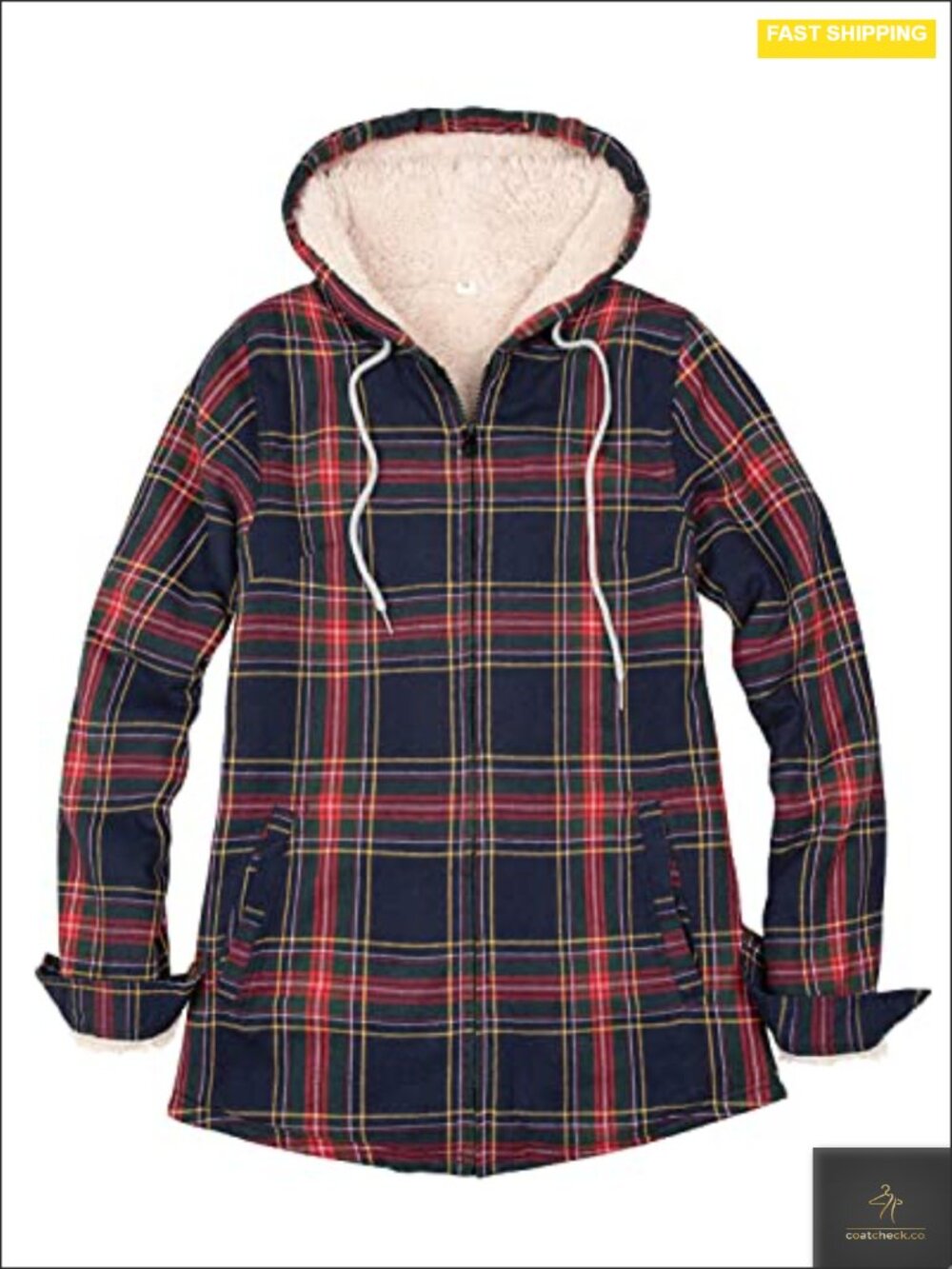 Women Sherpa Flannel Jacket Warm Fleece Lined Plaid Full Zip Hood